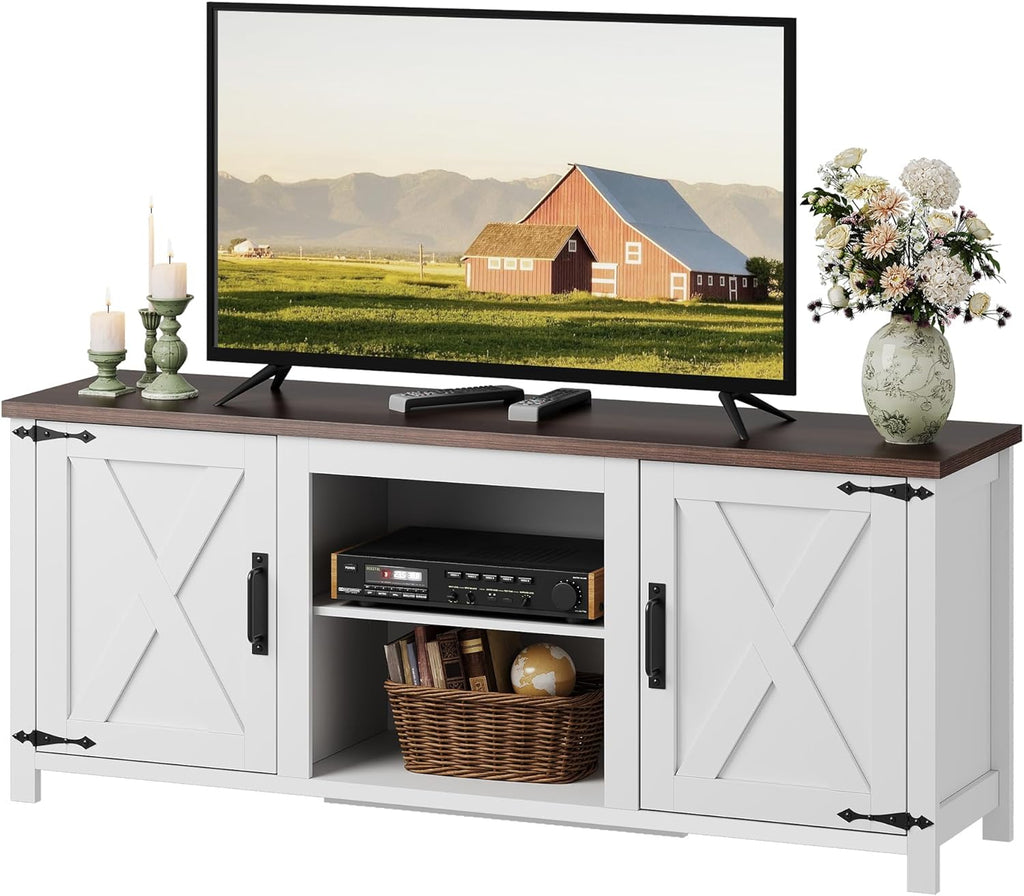 WLIVE Modern Farmhouse TV Stand for TVs up to 65', Entertainment Center with X-Shaped Barn Doors, Large Storage Media TV Console with Adjustable Shelves & Cable Holes for Living Room, White