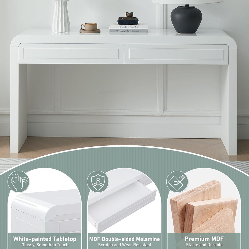 Merax 60' Entryway Console Table with Storage, 2 Drawers with Functional Divider/Retro Curved Design/Behind Couch & Sofa, White