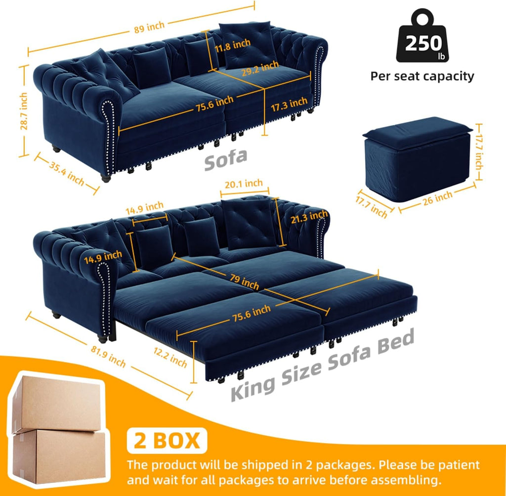 Ball & Cast 3-in-1 Convertible Sofa Bed with Movable Ottoman, 89' Pull Out Couch Bed King Size, Velvet 3 Seater Sleeper Sofa with Nailhead Trim & Rolled Arm,Sofa Couches for Living Room,Blue