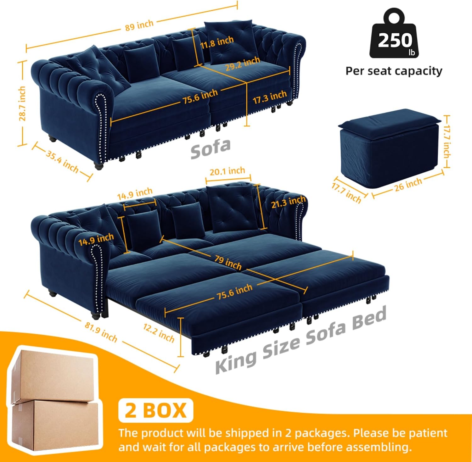 Ball & Cast 3-in-1 Convertible Sofa Bed with Movable Ottoman, 89' Pull Out Couch Bed King Size, Velvet 3 Seater Sleeper Sofa with Nailhead Trim & Rolled Arm,Sofa Couches for Living Room,Blue