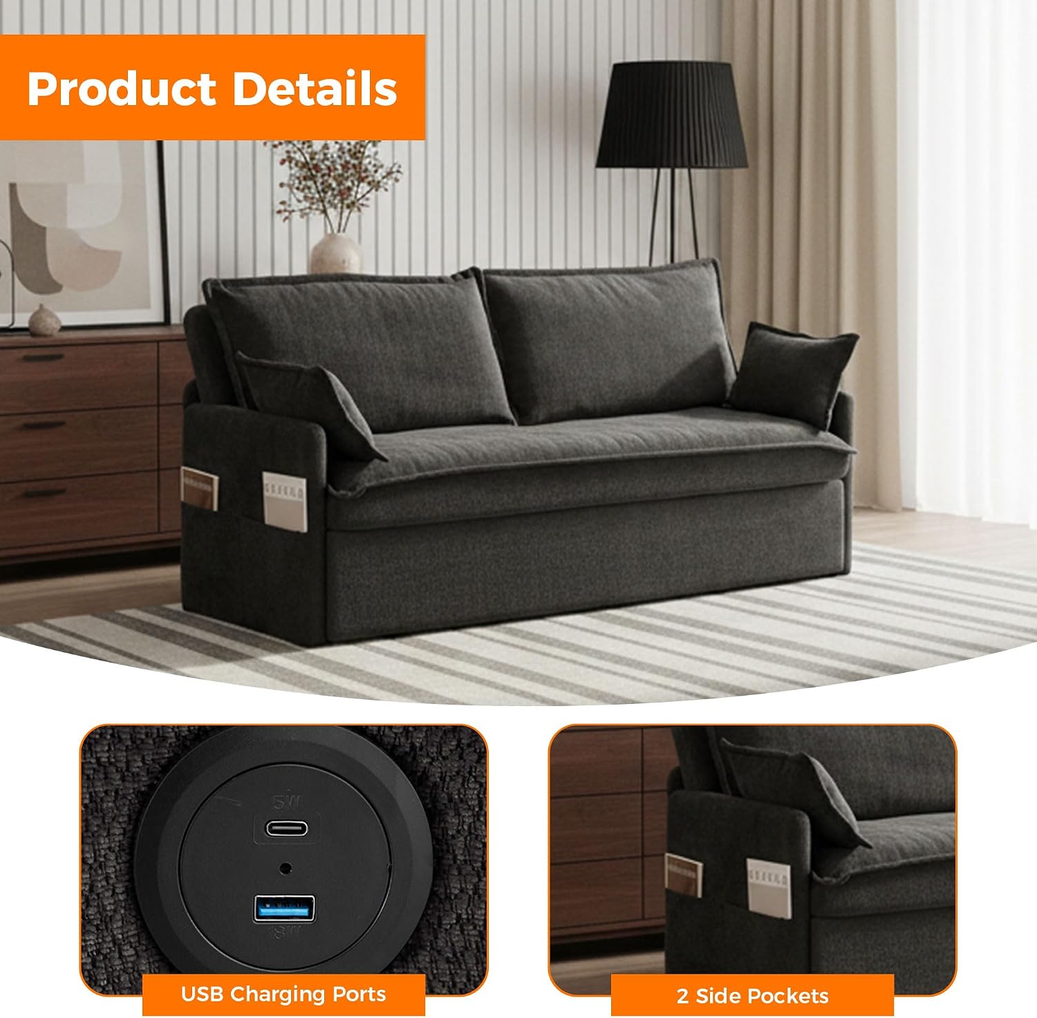 2 in 1 Queen Pull Out Sleeper Sofa Couch Bed-59.5'Convertible Sofabed with USB/C-Type Charging Ports,Chenille Sleeper Sofa with Side Pockets,Futon Couch for Living Room,Bedroom,Small Space,RV, Black