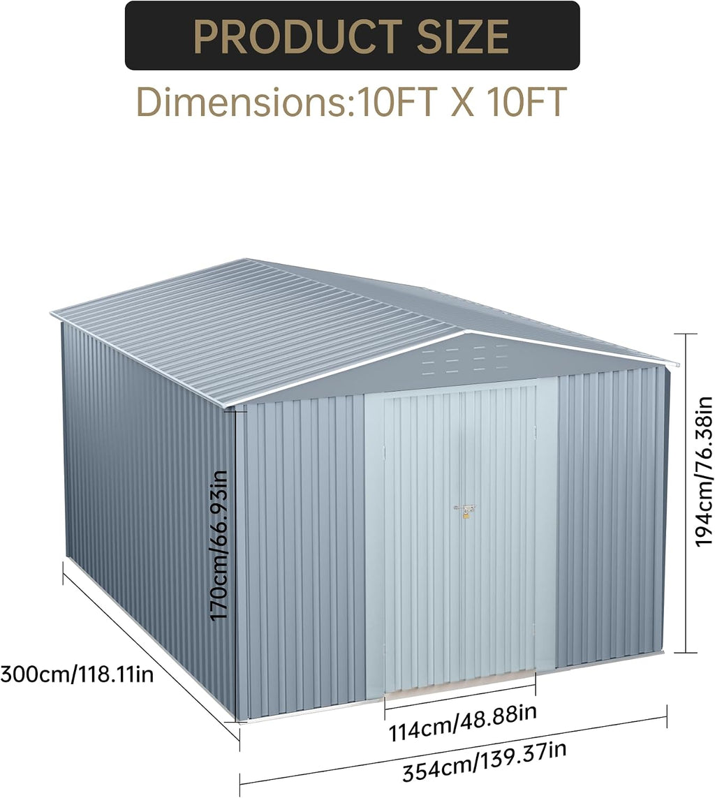 Outdoor Storage Shed,10x10 FT Large Garden Shed,Large Metal Tool Sheds with Sloping Roof and Vents,Updated Reinforced and Lockable Doors Frame Metal Storage Shed for Patio for Backyard,Patio,Garage