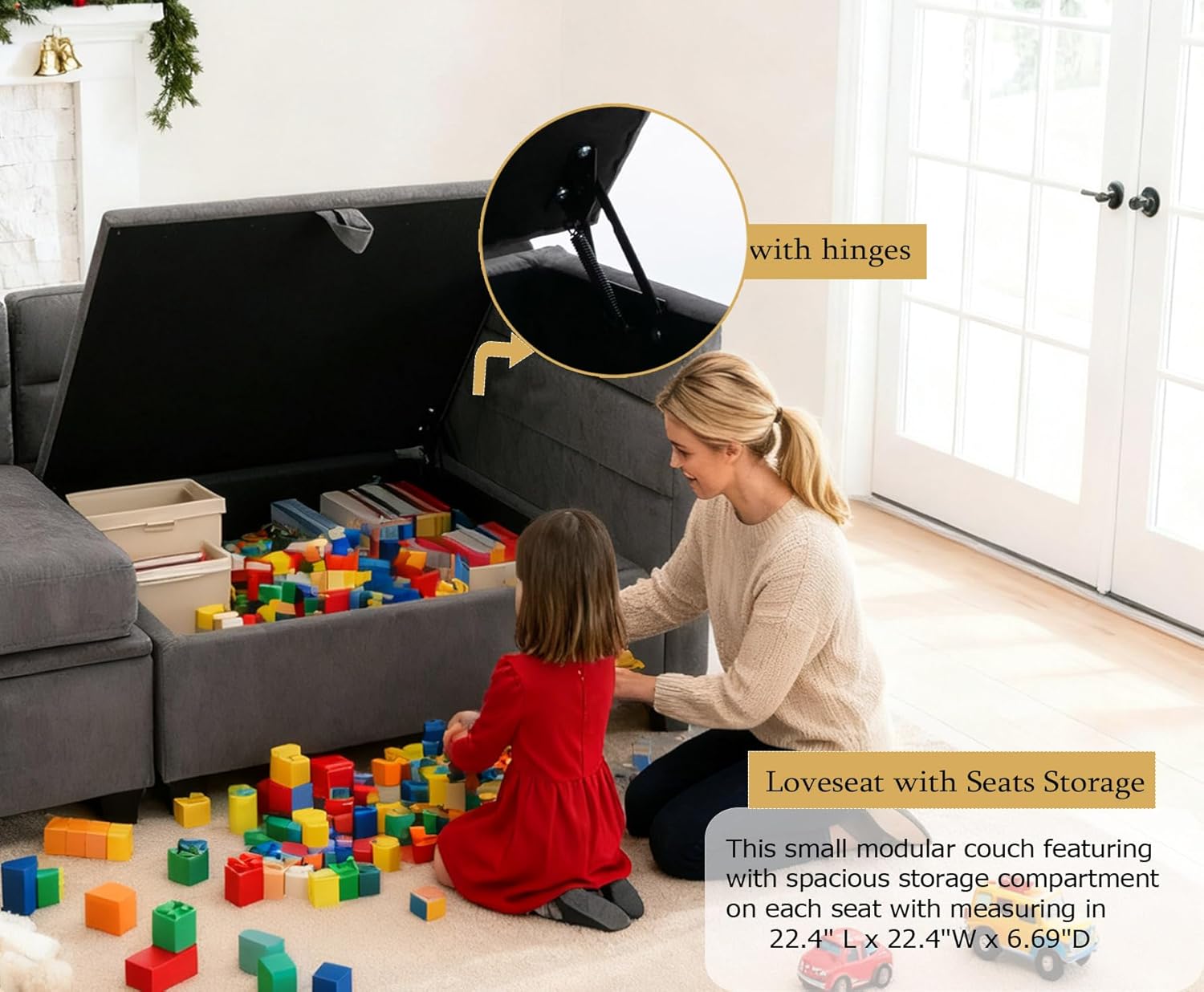 asunflower Loveseat with Ottoman Small Couch with Storage Seats Modular Loveseat Sofa for Small Spaces Convertible L Shaped 2 Seater Sectional Sofa for Office,Bedroom,Dorm(Dark Grey)