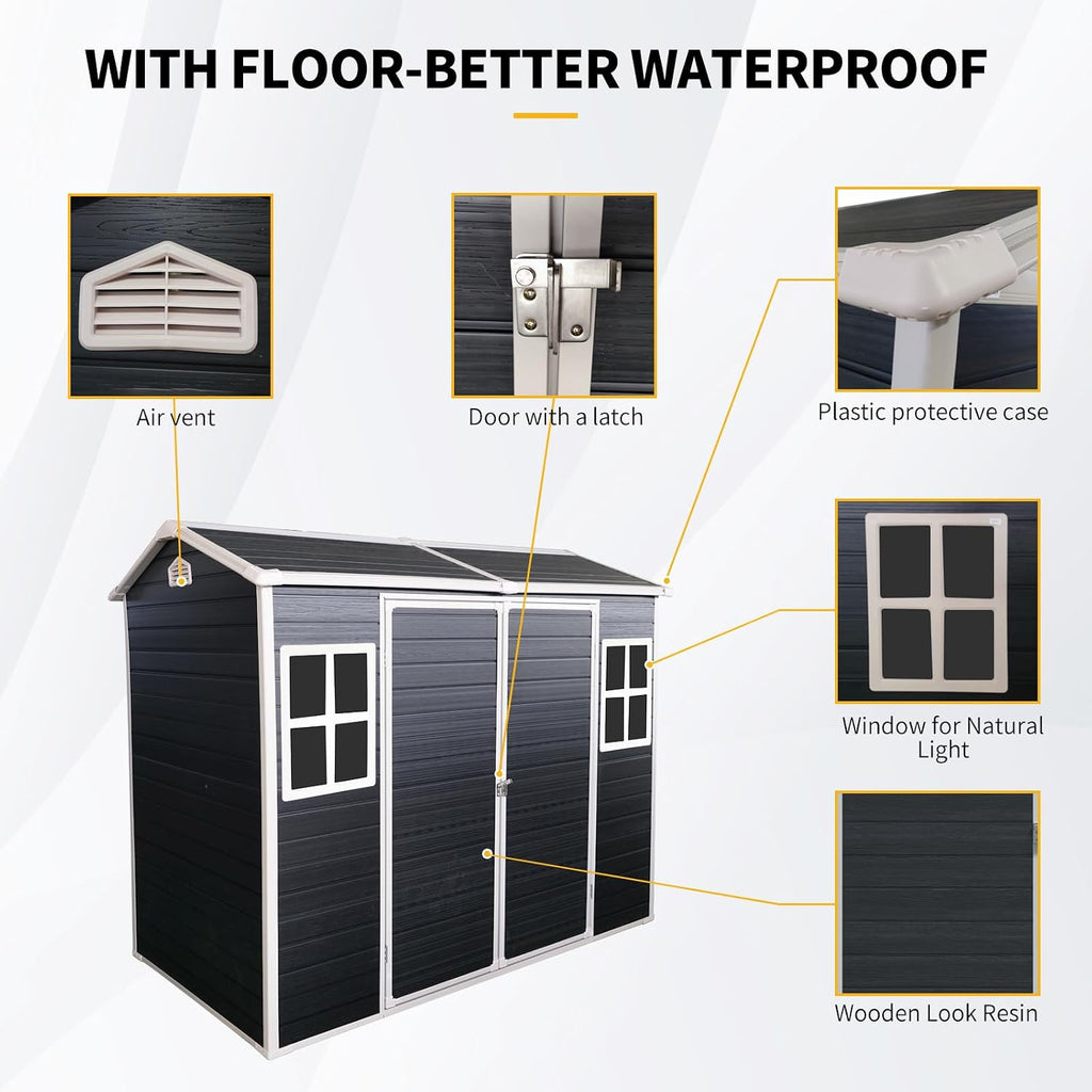 8x4ft Resin Outdoor Storage Shed: Double Doors & Two Windows, Heavy-Duty Plastic Shed with Floor, Waterproof UV-Proof Garden Tool Storage for Backyard, Patio, Yard, Lawn