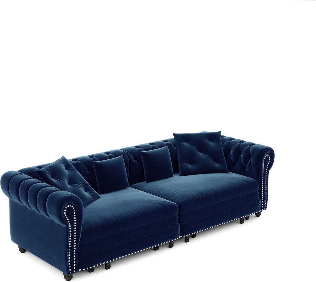 Ball & Cast 3-in-1 Convertible Sofa Bed with Movable Ottoman, 89' Pull Out Couch Bed King Size, Velvet 3 Seater Sleeper Sofa with Nailhead Trim & Rolled Arm,Sofa Couches for Living Room,Blue