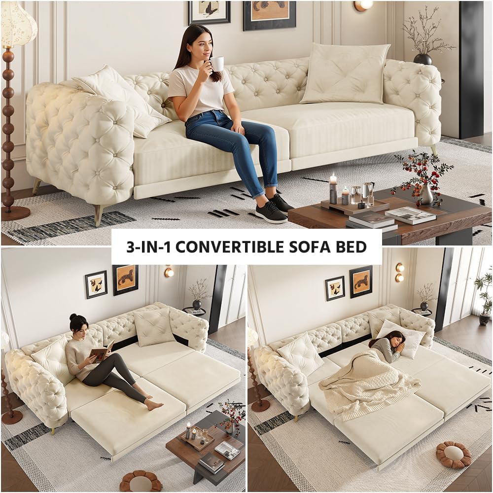 97.7' King Size Sleeper Sofa Bed, 3-in-1 Convertible Pull Out Chesterfield Sleeper Couch with Ottoman, Oversized Velvet Button Tufted L Shaped Sofa for Living Room Small Spaces, Beige White