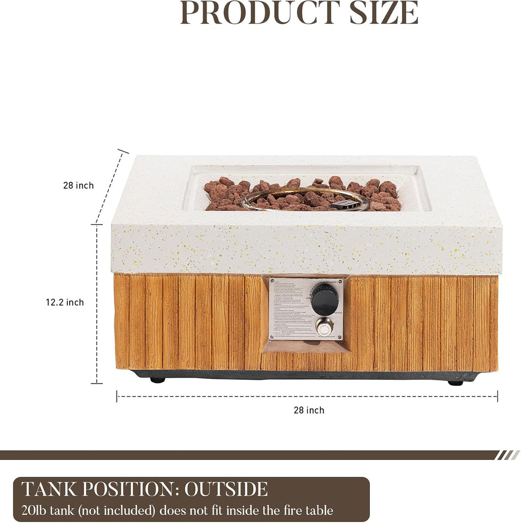 COSIEST 28' Outdoor Propane Fire Pit Table, Small Square Gas Fire Pit Table with Concrete & Log Wood Grain Design, 50000BTU Fire Tables for Patio, Backyard, Garden Heating