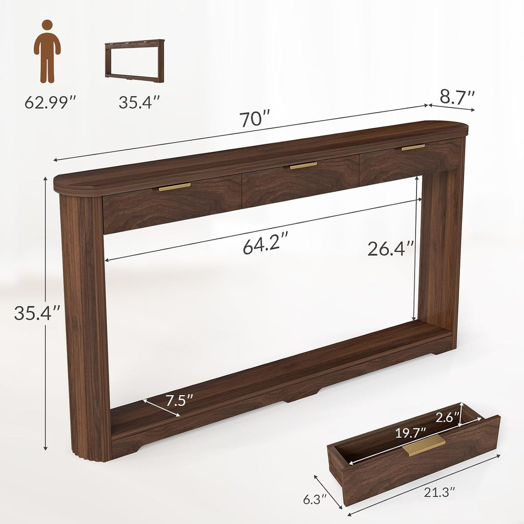 Rovibek Entryway Table with Drawers, 70 Inch Fluted Walnut Console Table with Storage, Narrow Sofa Tables Behind the Couch, Entry Tables for Living Room, Hallway, Entrance, Foyer