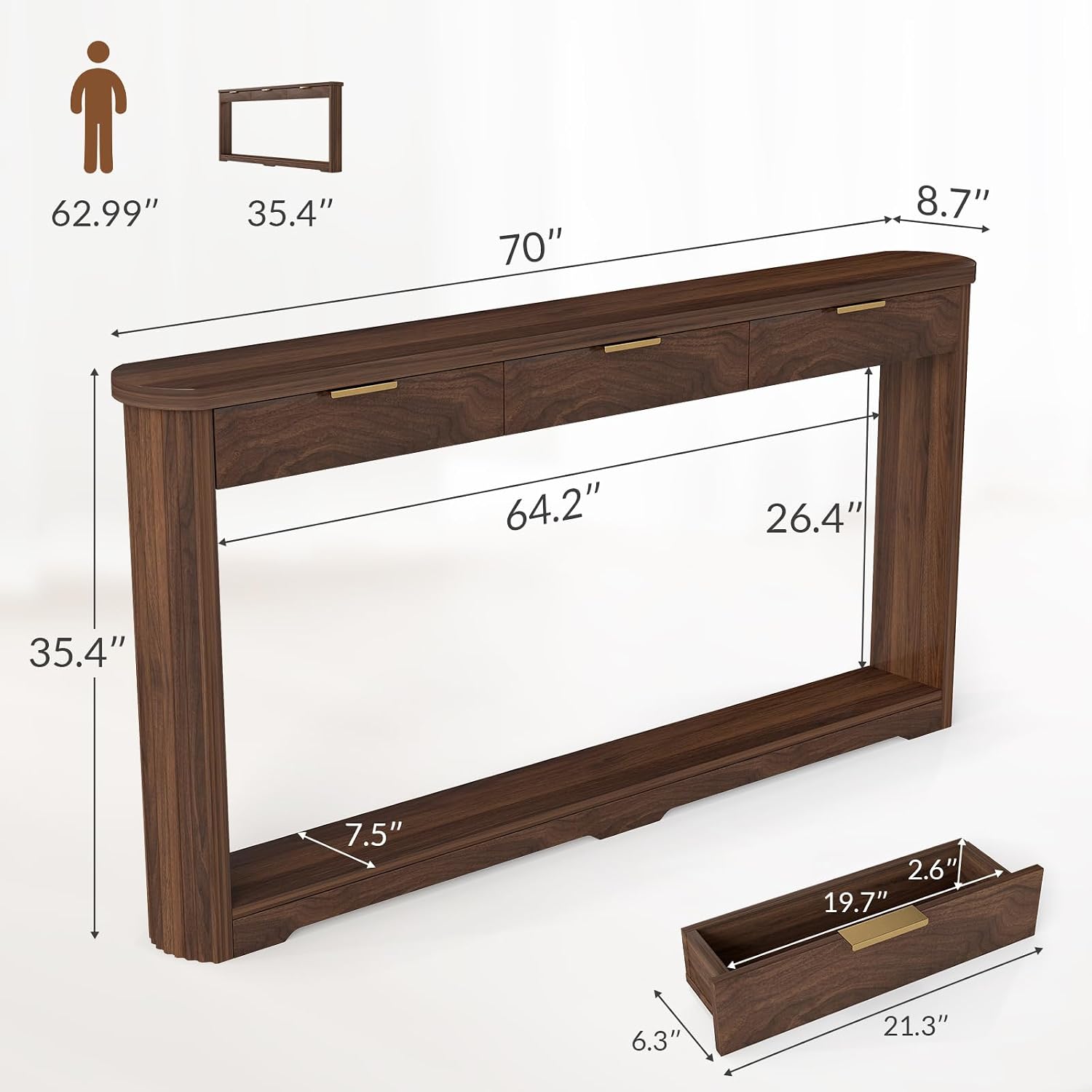 Rovibek Entryway Table with Drawers, 70 Inch Fluted Walnut Console Table with Storage, Narrow Sofa Tables Behind the Couch, Entry Tables for Living Room, Hallway, Entrance, Foyer