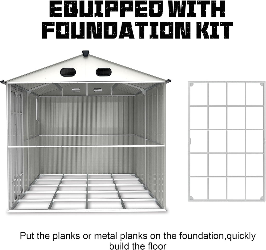 8x12 Ft Metal Outdoor Tool Storage Shed with Window, Floor Base & Air Vents, Gray