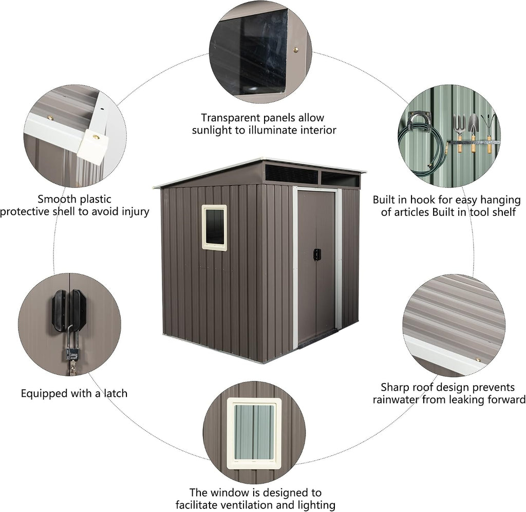Outdoor Storage Shed 6.4 x 5 FT Storage shed with Floor Frame Galvanized Steel Garden Shed with Window&Lockable Doors,Sheds & Outdoor Storage Clearance for Backyard Patio Lawn (Gray)