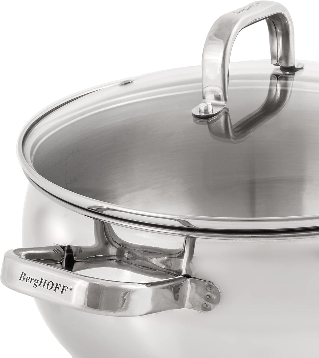 BergHOFF Belly Shape 18/10 Stainless Steel 7Pc Cookware Set, Glass Lids, Fast, Evenly Heat, Induction Cooktop Ready