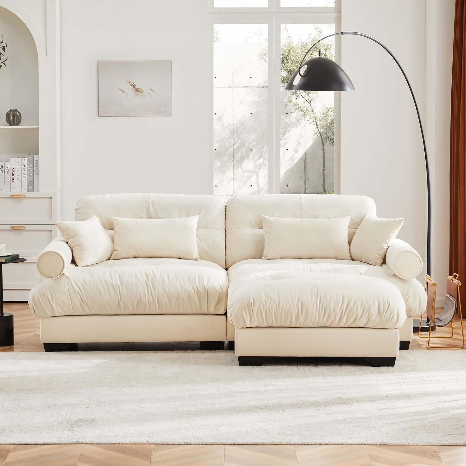 93.7' Loveseat Sofa Modular Sectional Sofa, 2 Seater Modern Cloud L Shaped Couch, Oversized Sectional Couches for Living Room, Comfy Velvet Sofas Deep Seat Couch with 4 Pillows, Cream