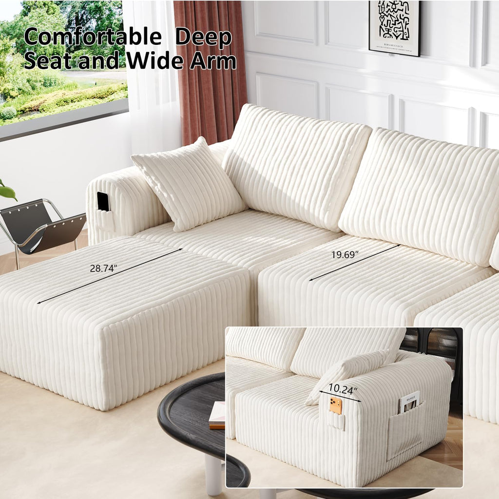 Modular Sectional Sofa, Boneless Couches for Living Room, L-Shape Sofa Couches,Cloud Couch Sectional, Comfy Corduroy Sofa, with Deep Seat, No Assembly Required (Beige, 4 Seater + 2 Ottoman)