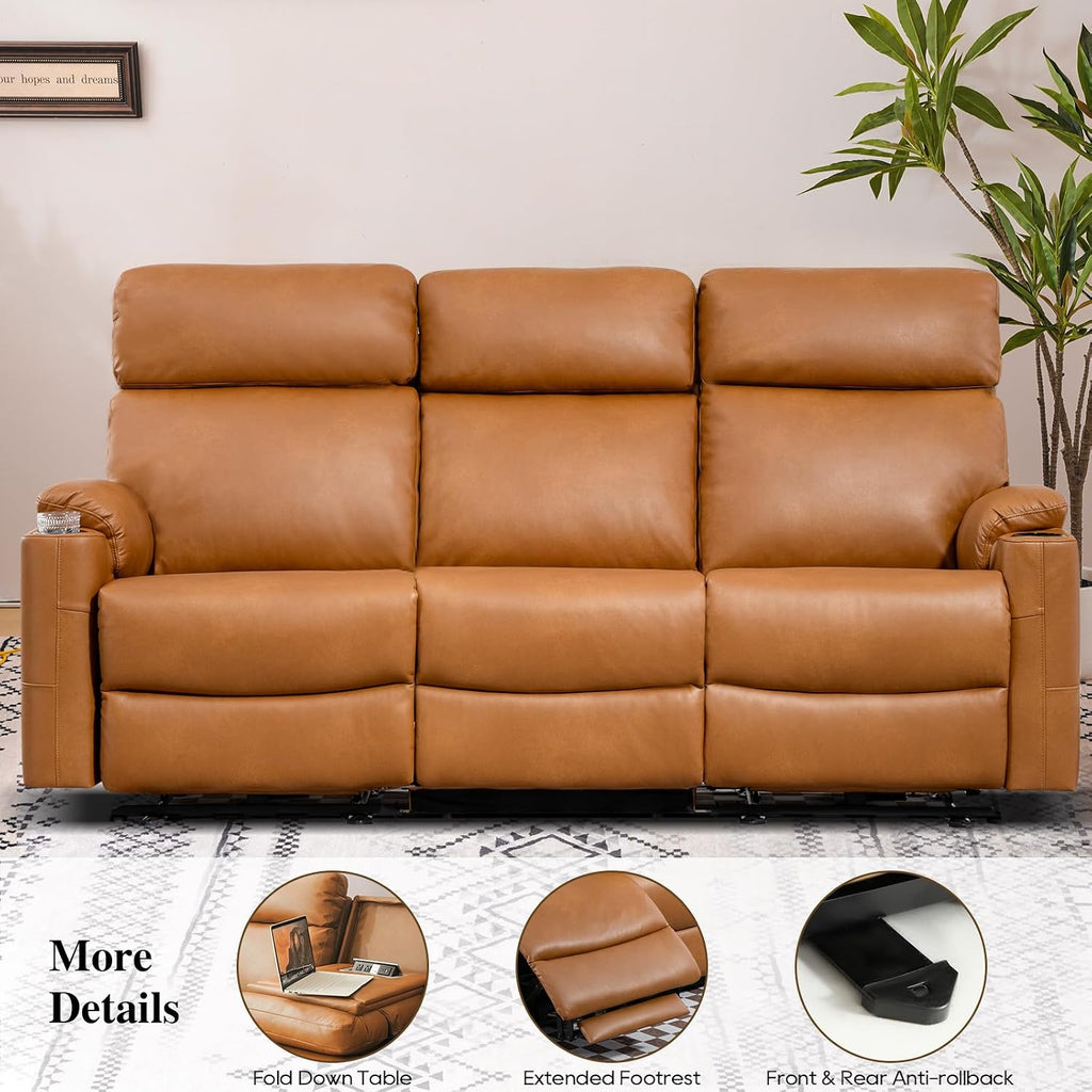 Power Reclining Sofa, Electric 3-Seat Dual Recliner Sofa with USB Ports, Cup Holders, Wall Hugger Sofa & Couch for Living Room Home Theater Apartment RV (Brown) | Drop-Down Table, Side Pocket, Extended Footrest, Breathable Material