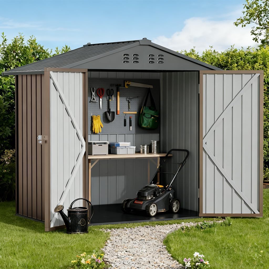 COMHOMA 6'x4' Shed Outdoor Storage Metal, Weatherproof Garden Utility Tool House with Lockable Doors & Adjustable Shelving, Ventilated Backyard Workshop,Brown