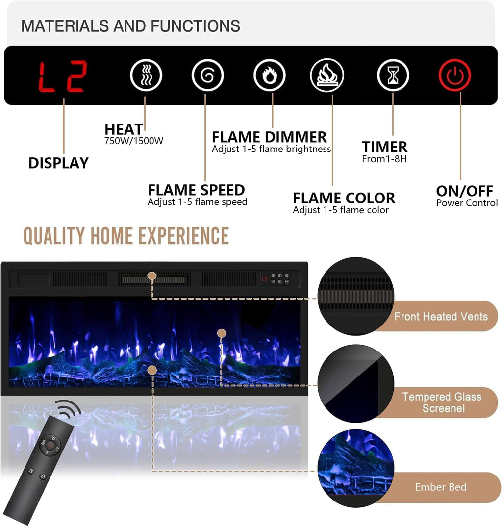 TV Stand with Fireplace, 36' Fireplace TV Stand LED Entertainment Center with Fireplace, 70 Inch Modern Electric Fireplace TV Stand for Living Room, Black TV Stand with Fireplace Up to 80' TVs