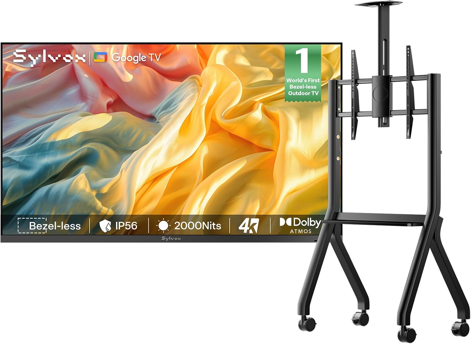 SYLVOX Outdoor TV with Rolling Stand, 43 inch Full Sun TV 2000 Nits, Ultra-Narrow Bezel, 4K Smart Google Television, IP56 Waterproof, Dual Speakers, for Poolside, Yard, Business (Frameless Pro Series)