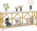 LITTLE TREE 70.9 Inch Extra Long Sofa Table, Industrial Narrow Long Sofa Tables Entry Table Behind Couch Table with Open Storage Shelf, White Gold
