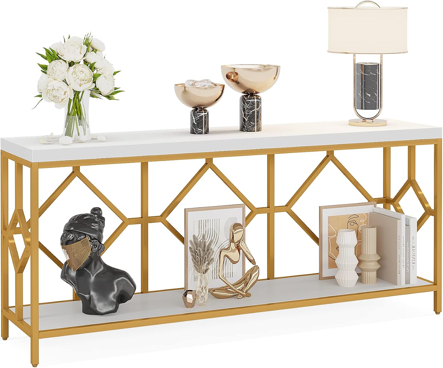 LITTLE TREE 70.9 Inch Extra Long Sofa Table, Industrial Narrow Long Sofa Tables Entry Table Behind Couch Table with Open Storage Shelf, White Gold