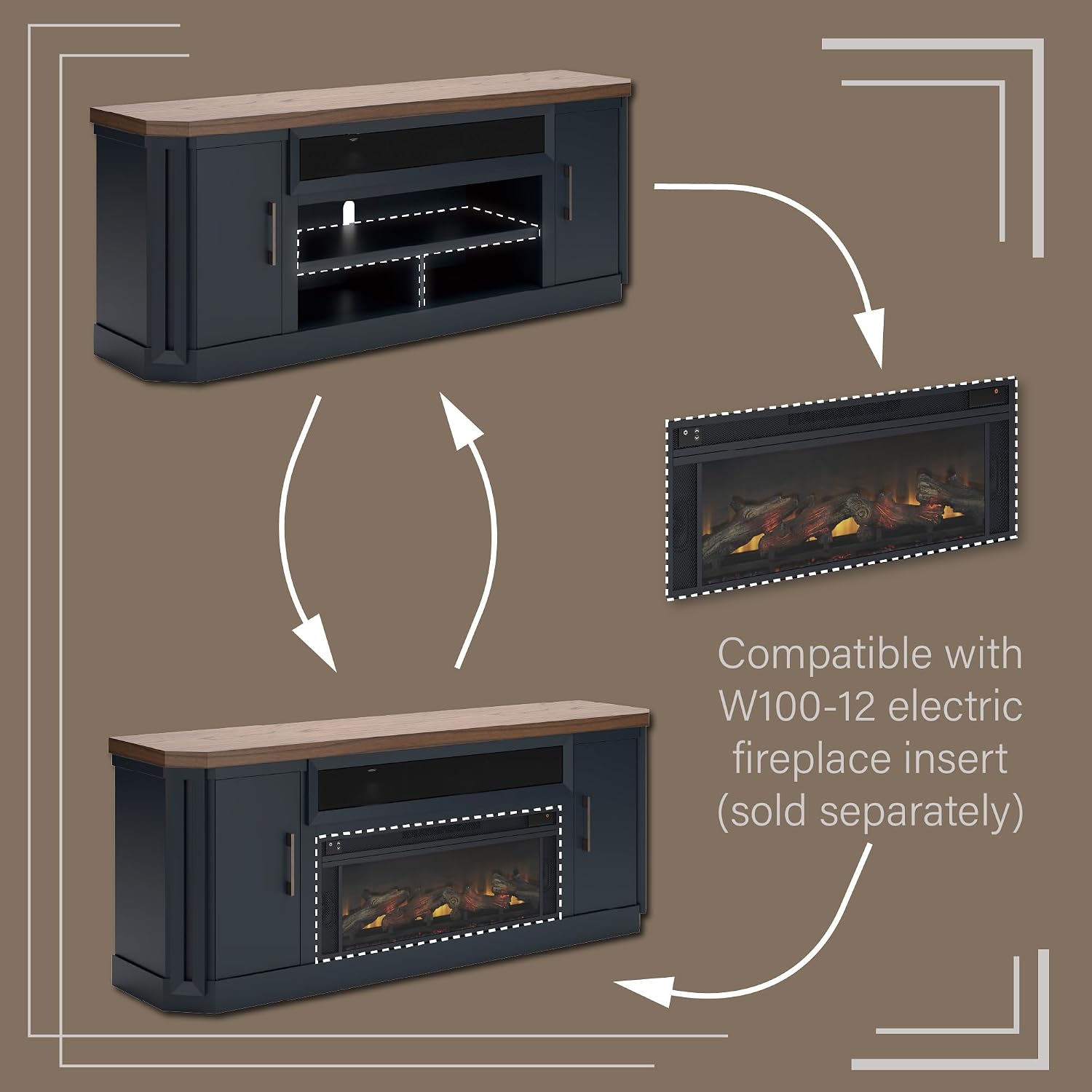 Signature Design by Ashley Landocken Contemporary 83' TV Stand for TVs up to 95' with Fireplace Option, 2 Cabinets, 2 Doors, 2 Adjustable Shelves, Open Cubbies and Cord Openings, Dark Brown & Blue