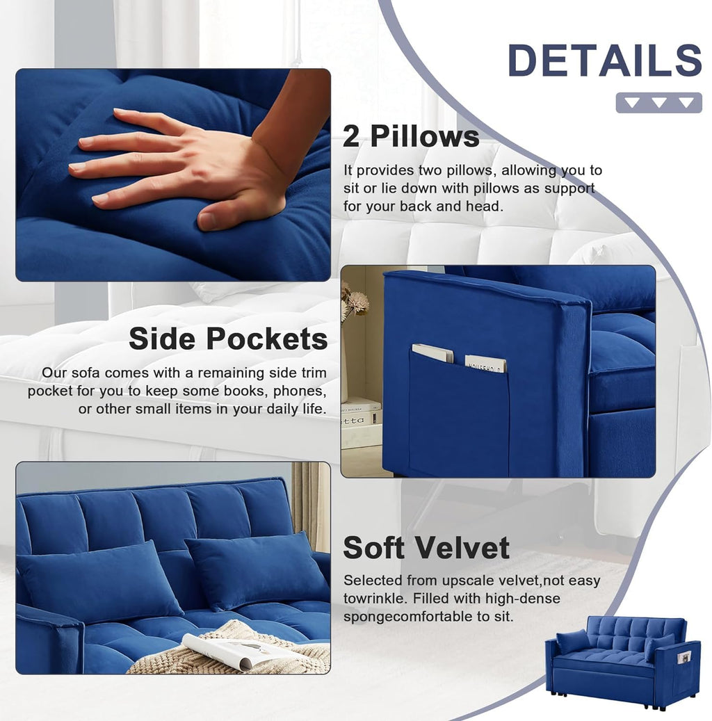 3-in-1 Pull Out Couch, 55.3'' Convertible Futon Sofa Bed, Velvet Sleeper Loveseat with Pillows, Pockets, Small Sofa Cama for Living Room, Apartment, Blue