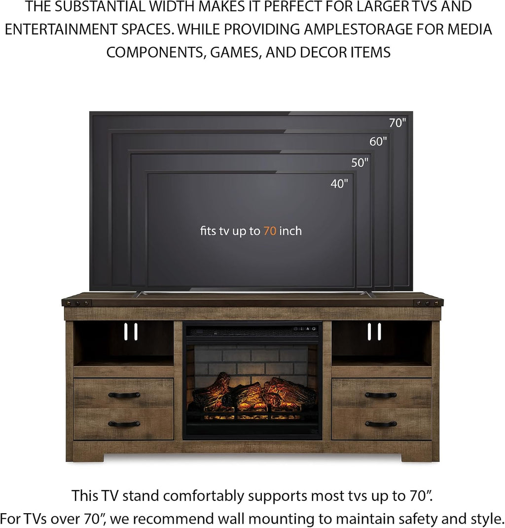 Signature Design by Ashley Trinell 63' TV Stand with Electric Fireplace Insert, Rustic Wood Look Media Console with Infrared Heat, Storage Drawers and Remote Control for Living Room Warmth