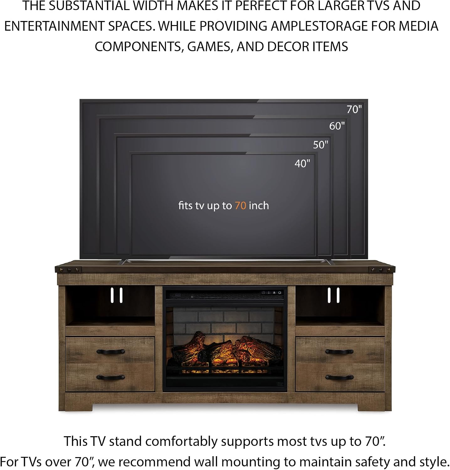 Signature Design by Ashley Trinell 63' TV Stand with Electric Fireplace Insert, Rustic Wood Look Media Console with Infrared Heat, Storage Drawers and Remote Control for Living Room Warmth