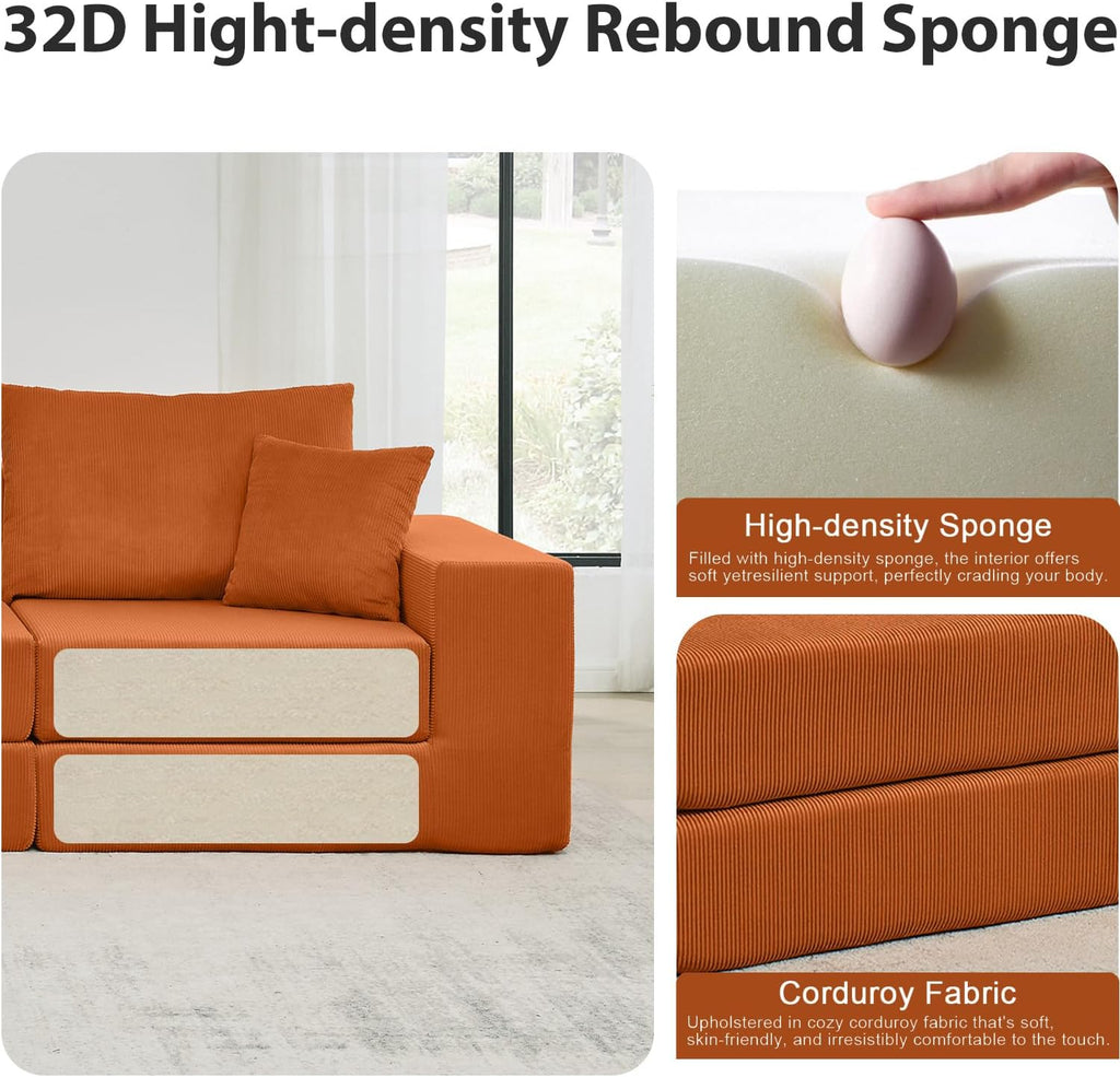 80 Inches Modular Sectional Loveseat Sofa, Cloud Boneless Couch with Non-Slip Base, Modern Sleeper Sofa Bed for Living Room, Small Spaces, No Assembly Required, Corduroy (Orange)