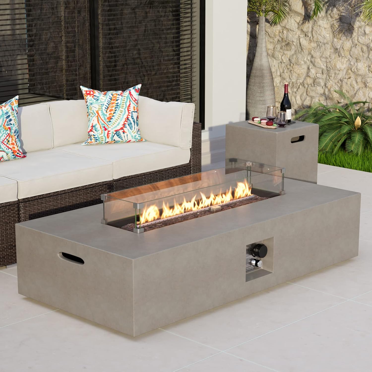 COSIEST 2-Piece Outdoor Propane Fire Table Set, Rectangle Concrete 56' x 28' Gray Fire Pit (Certified, 50,000 BTU) w 20lb Tank Table, Wind Guard, Waterproof Cover for Garden, Porch, Backyard