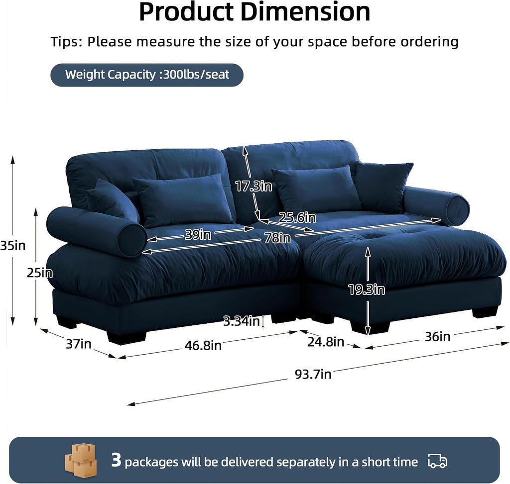 Loveseat Sofa 93.7' Modular Sectional Sofa, 2 Seater Modern Cloud L Shaped Couch, Oversized Sectional Couches for Living Room, Comfy Velvet Sofas Deep Seat Couch with 4 Pillows, Blue