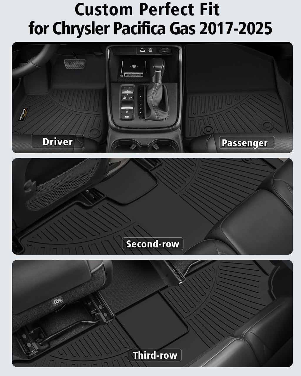 Floor Mats & Cargo Liner for Chrysler Pacifica 2017-2025 2026 Gas 7-Seater Touring (Non Hybrid&Non Pinnacle) All Weather TPE Rubber Trunk Mat Automotive Floor Liners for Pacifica Fuel 2025 Accessories
