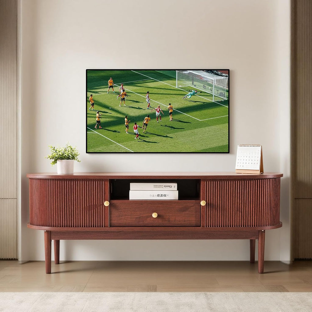 VEVOR Boho Fluted TV Stand with Storage and Drawer, for 55/60/65 inch TVs, Mid Century Modern Entertainment Center TV Console with Sliding Tambour Door & Open Shelves for Living Room, Bedroom, Walnut