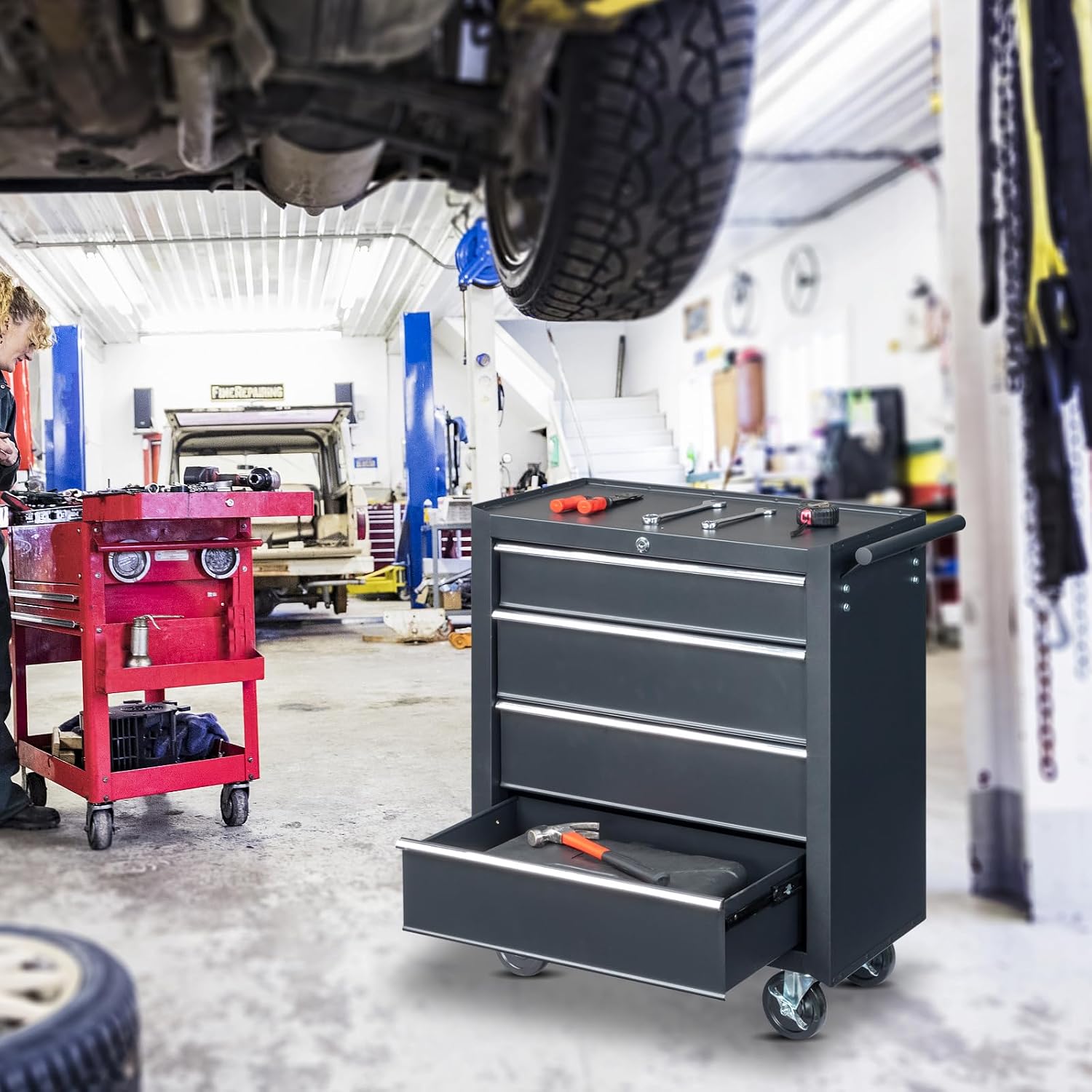 Metal Rolling Tool Box Organizer | Lockable Tool Chest with Wheels | Toolbox with 4 Sliding Drawers | Tool Storage Box Organizer for Garage Home Workshop & Tool Room