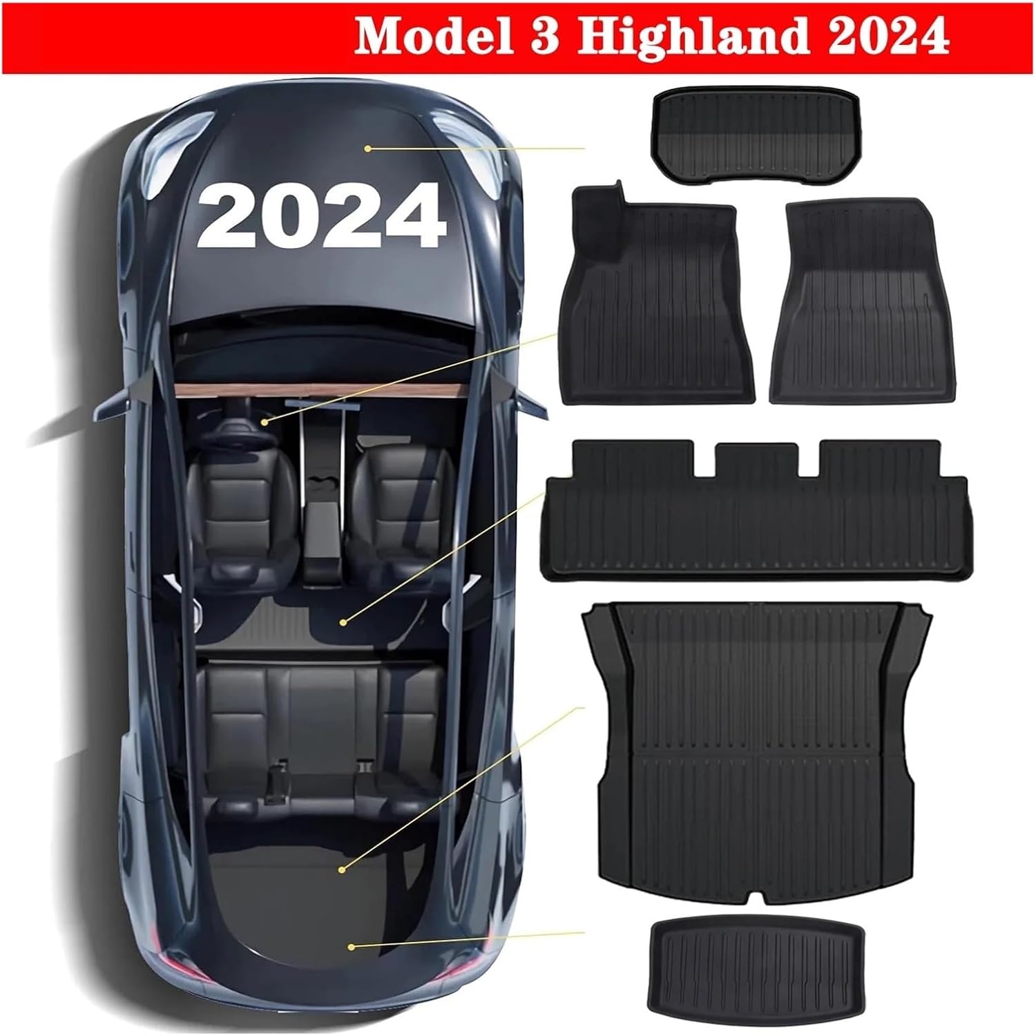 TPE Floor Mats & Cargo Liner Compatible with Tesla Model 3 Highland 2024, All Weather Waterproof Anti-Slip Trunk Mats TPE Floor Liners(6PCS LHD)