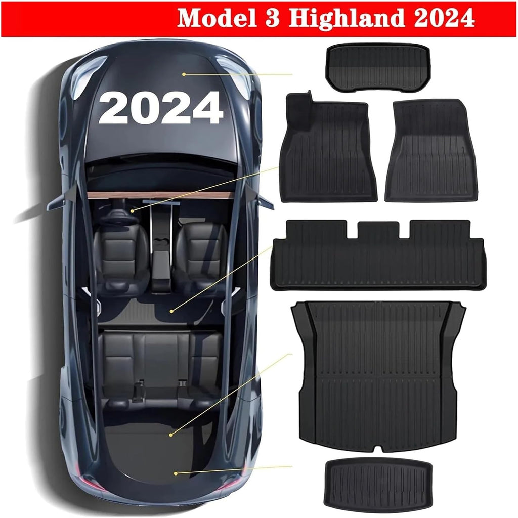 TPE Floor Mats & Cargo Liner Compatible with Tesla Model 3 Highland 2024, All Weather Waterproof Anti-Slip Trunk Mats TPE Floor Liners(4PCS RHD)