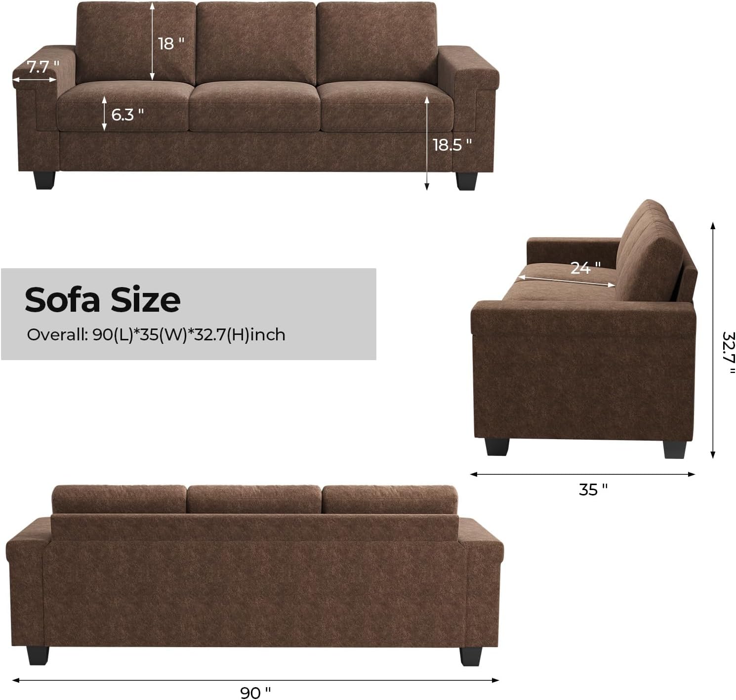 COPIAE 3 Seater Sofa Couch with Deep Seat, 90' Modern Upholstered Sofa with Armrests, Easy Installation, Comfy Couches for Living Room, Apartment,Dark Brown