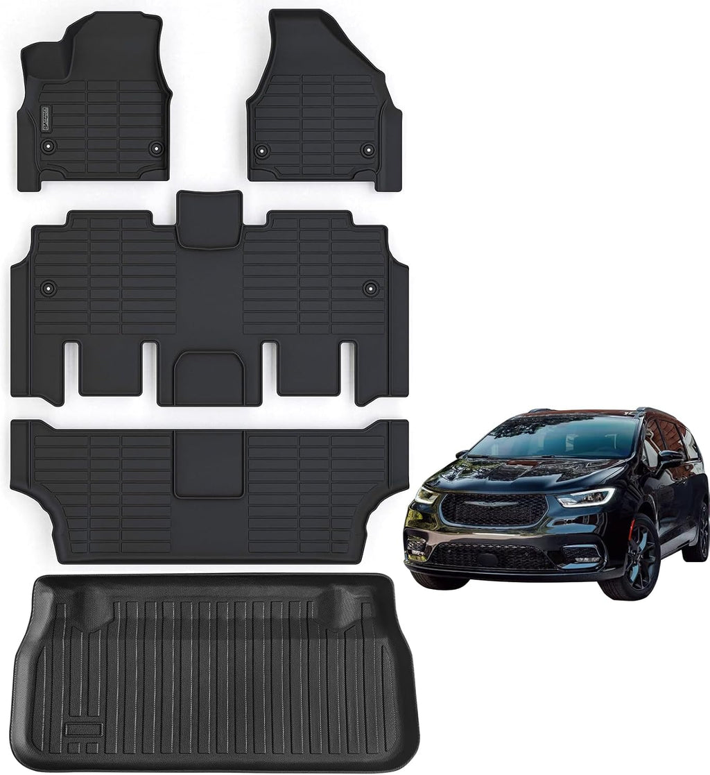 Floor Mats for 2017-2025 2026 Chrysler Pacifica Gas Touring Models (Non Hybrid & Non Pinnacle Model with Trunk Mat TPE All Weather fit 2018-2026 Voyager Car Floor Liners&Cargo Liners-Black