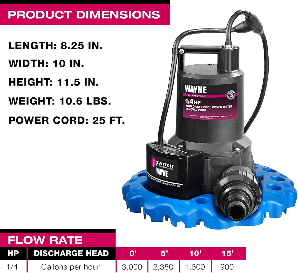 WAYNE WAPC250-1/4 HP Reinforced Thermoplastic Pool Cover Pump - Up to 3,000 Gallons Per Hour - Automatic On/Off Water Removal Pool Cover Pump