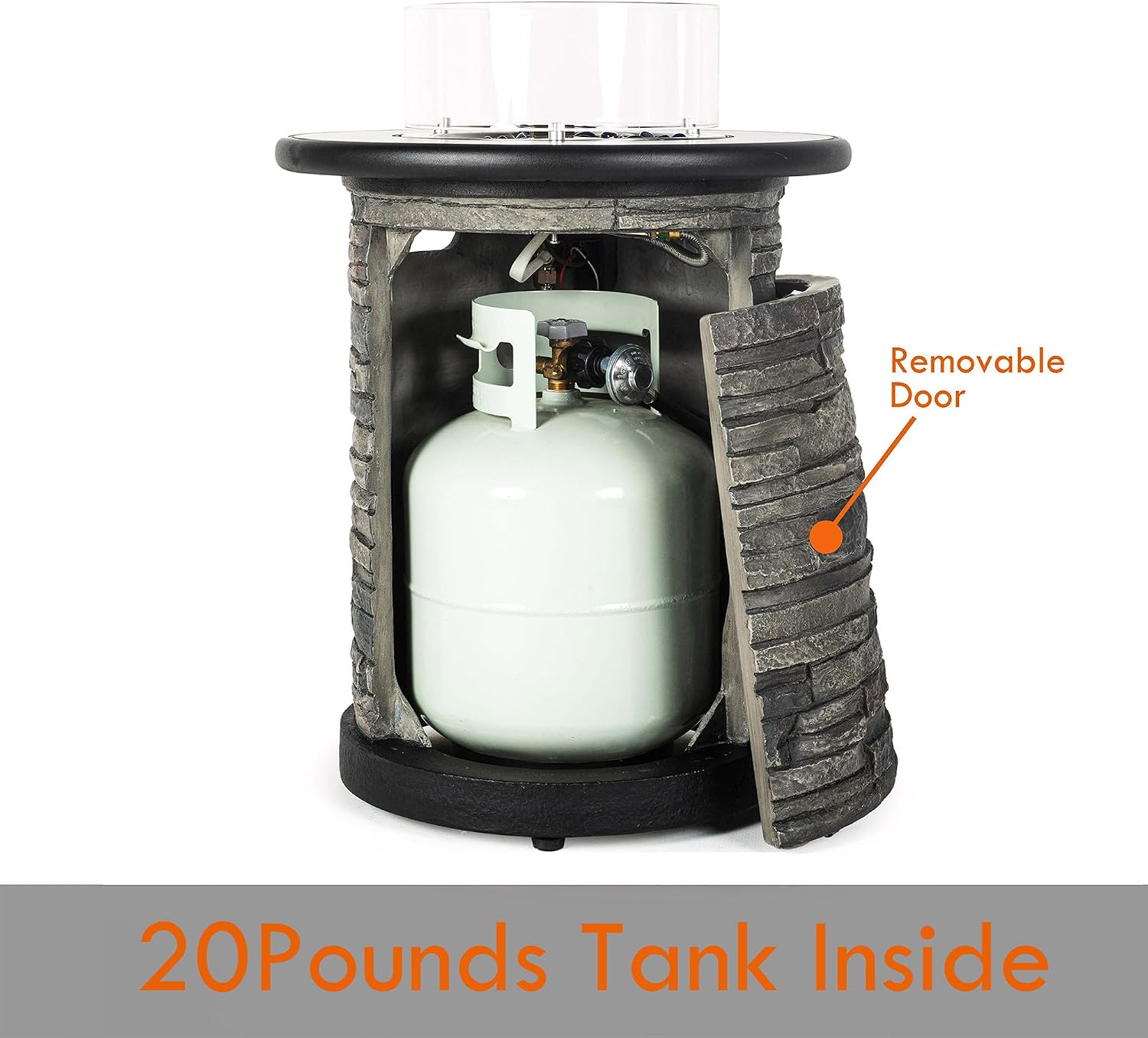 BAIDE HOME Outdoor Propane Fire Pit Table, Round Porcelain Tile Top 22' Fire Bowl Column W/ 40,000 BTU Firepit Table Auto-Ignition 400D Cover Glass Rocks for Outside Patio