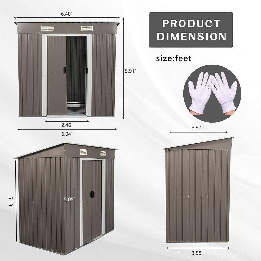 6.4 x 4ft Outdoor Metal Storage Shed，with Lockable Doors, Floor Frame, Sun Protection, Waterproof Tool Storage Shed for Patio, Lawn,Backyard (Gray-6.4 x 4ft)