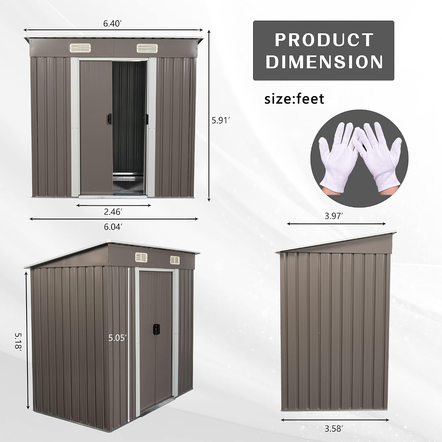 6.4 x 4ft Outdoor Metal Storage Shed，with Lockable Doors, Floor Frame, Sun Protection, Waterproof Tool Storage Shed for Patio, Lawn,Backyard (Gray-6.4 x 4ft)