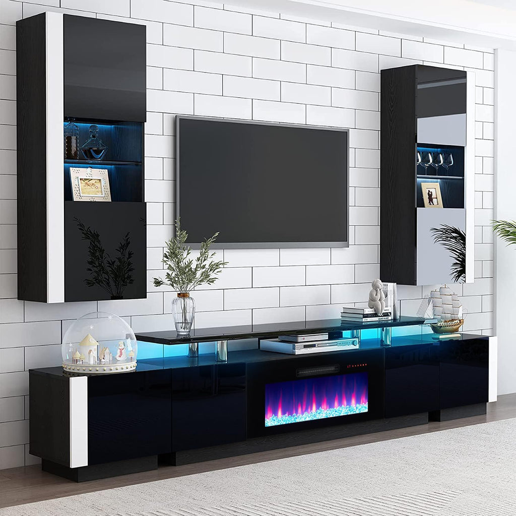 AMERLIFE Fireplace TV Stand with 36' Fireplace, 70' Modern Fireplace Entertainment Center LED Lights, 2 Tier TV Console Cabinet for TVs Up to 80', Obsidian Black