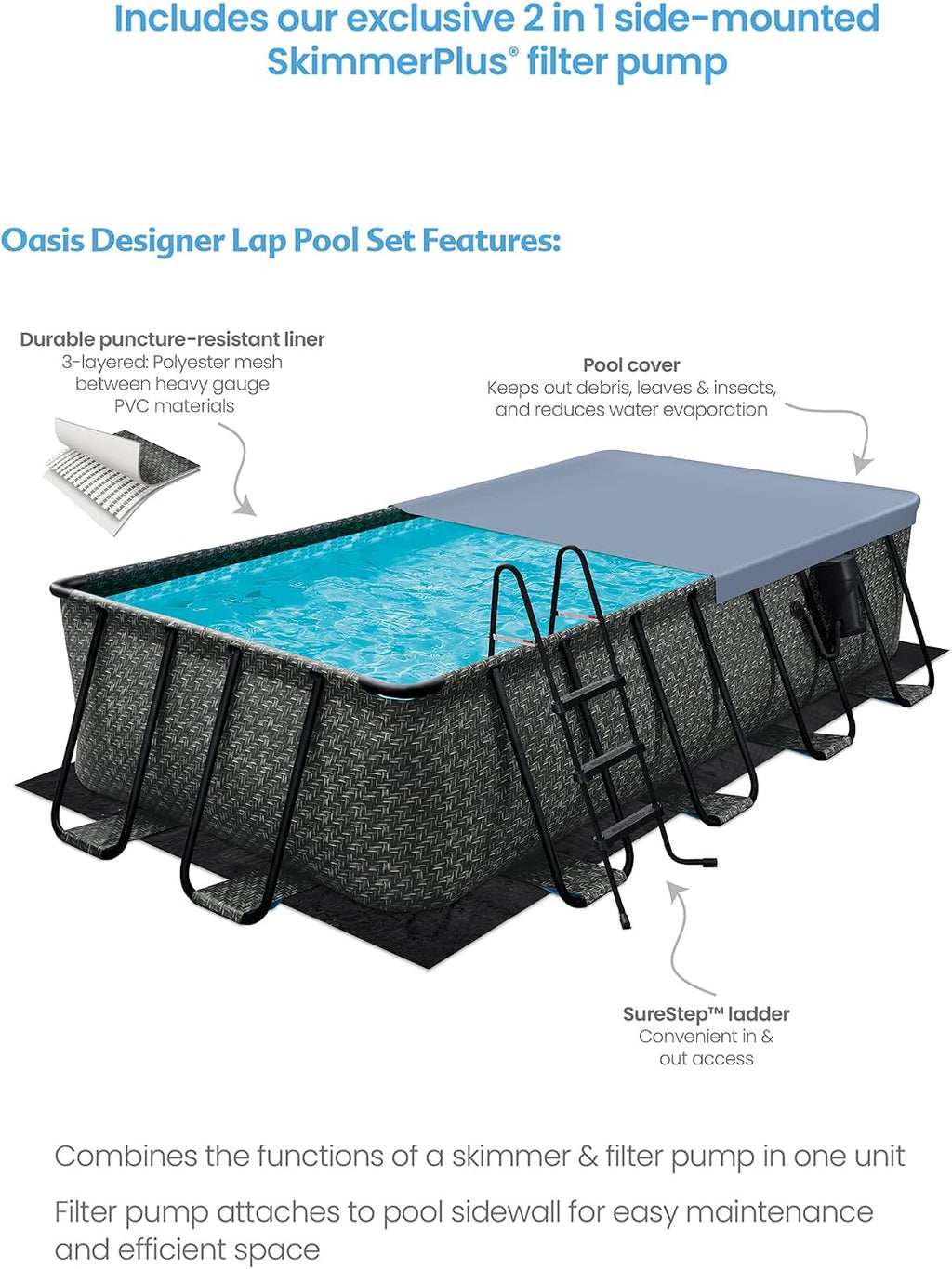 Funsicle Oasis Designer 16' x 8' x 42' Rectangular Above Ground Swimming Pool Set with 2-in-1 Filter Pump, Ladder & Maintenance Kit – Easy Setup for Backyard Fun