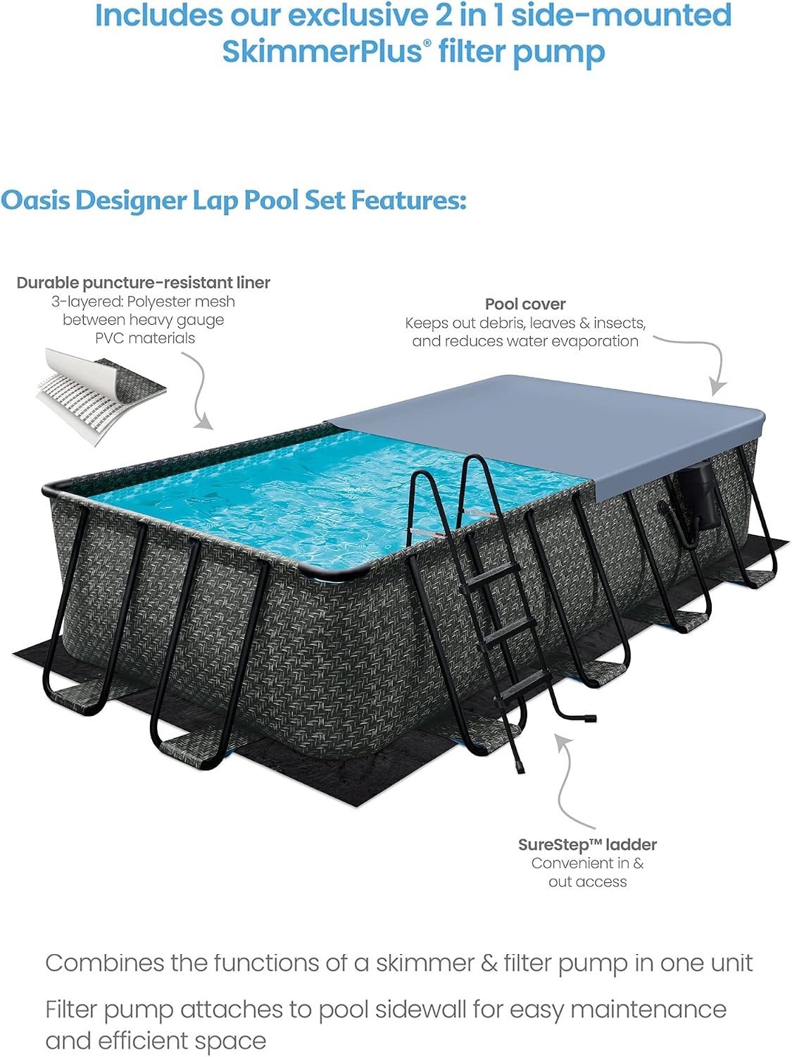 Funsicle Oasis Designer 16' x 8' x 42' Rectangular Above Ground Swimming Pool Set with 2-in-1 Filter Pump, Ladder & Maintenance Kit – Easy Setup for Backyard Fun
