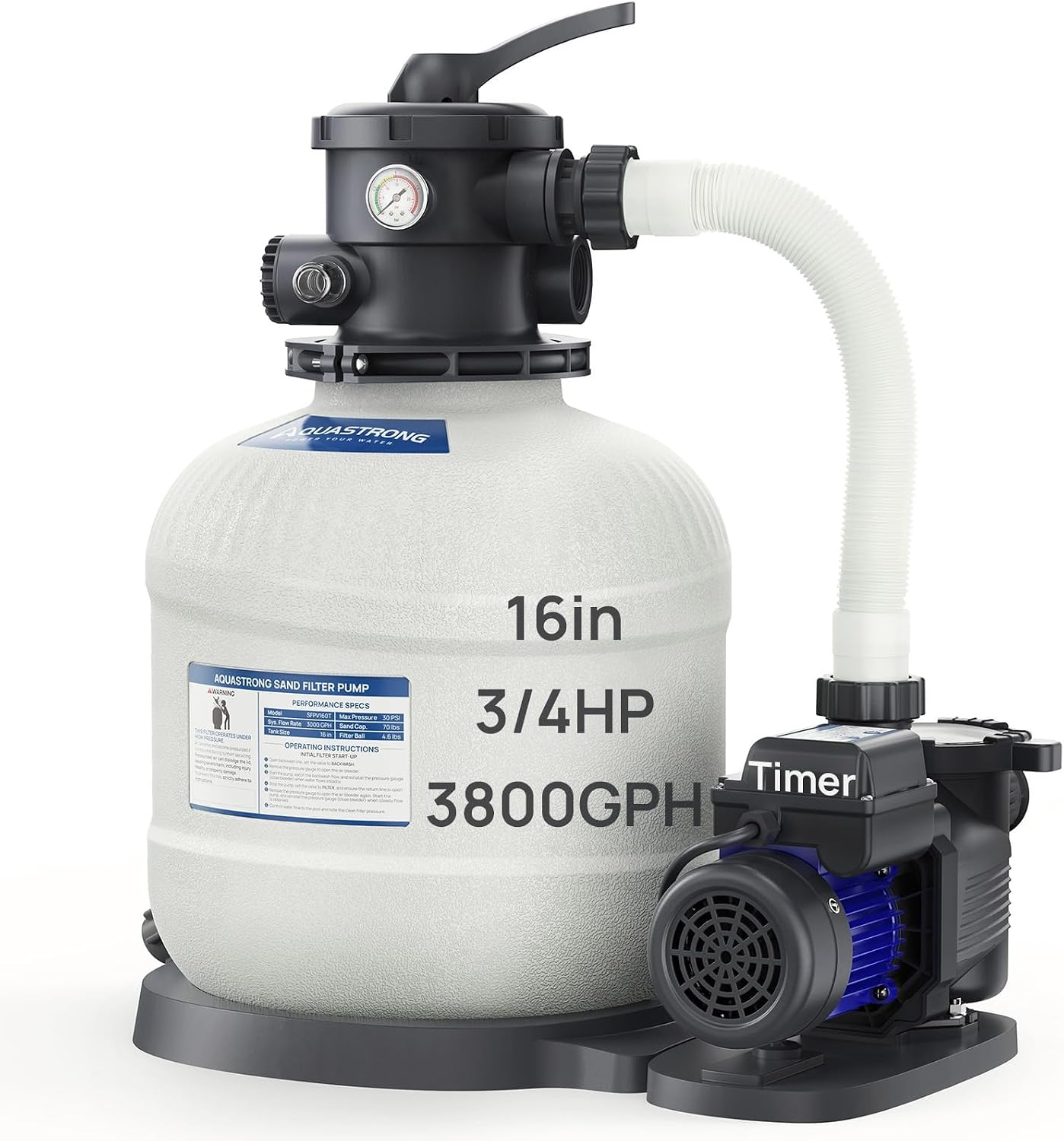 AQUASTRONG Sand Filter Pump for Above Ground Pool, Pool Pumps Above Ground with Timer, Pool Sand Filter with 6-Way Valve,Improved Circulation and Filtration,16in, up to 16000 Gallons