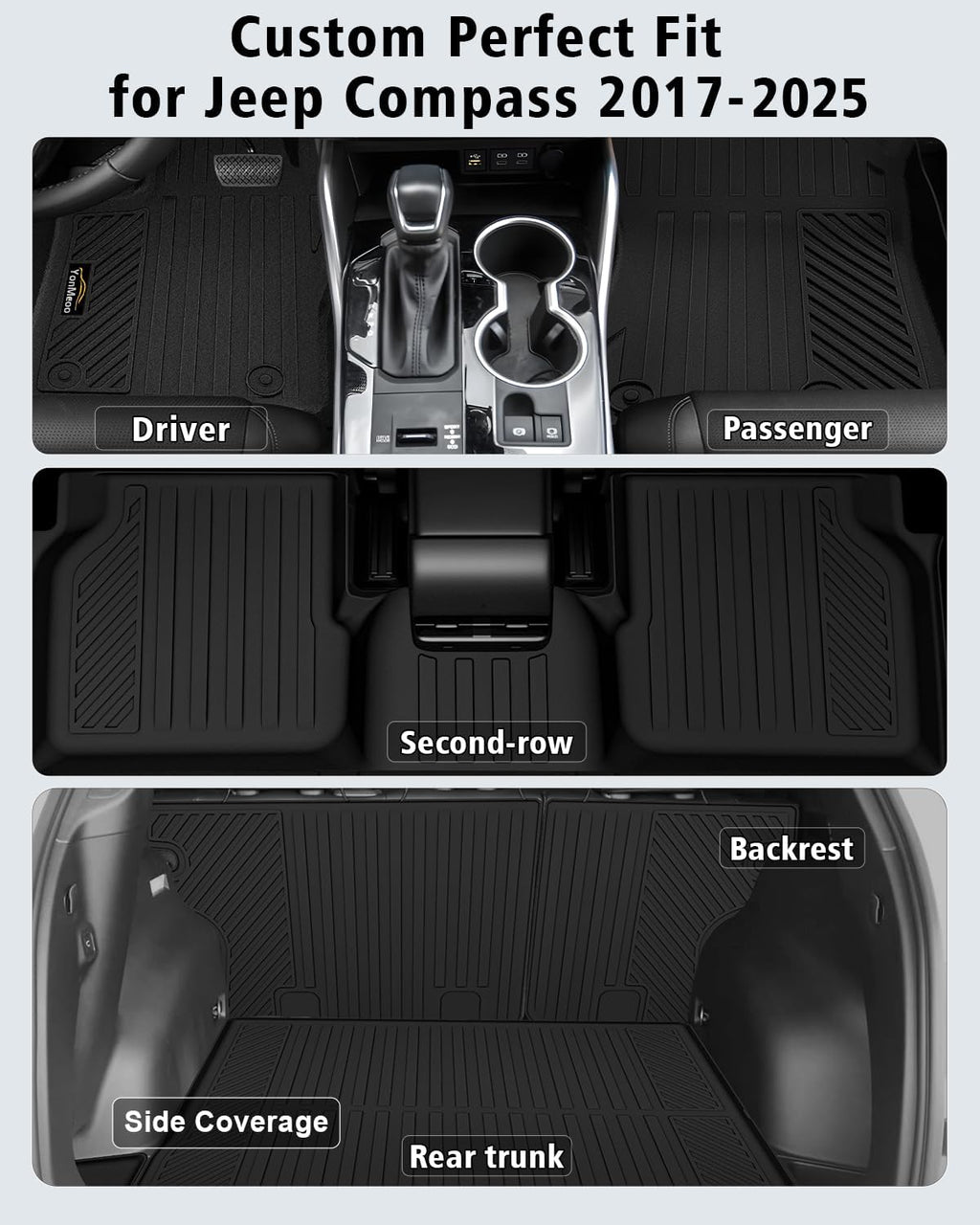 Floor Mats Custom Fit for Jeep Compass 2017-2025 2026 Trunk Mat with Backrest Mat All Weather TPE Rubber Cargo Liner Anti-Slip Full Set for Compass Accessories (Trunk Mat+Backrest Mats+Floor Mats)