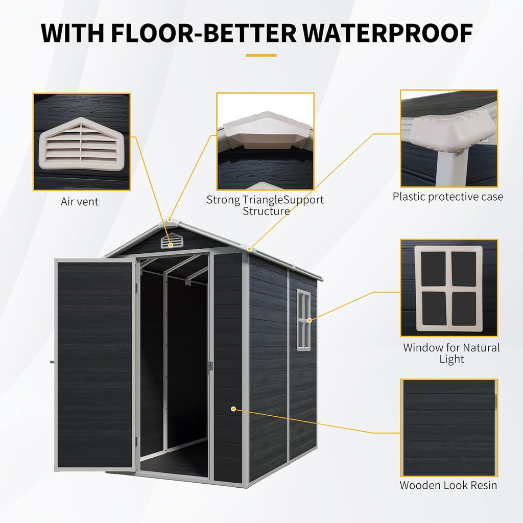 KEIKI 4x6 FT Outdoor Storage Shed Waterproof Resin Cabinet,Sloped Roof Polypropylene Frame with Lockable Doors for Patio Furniture