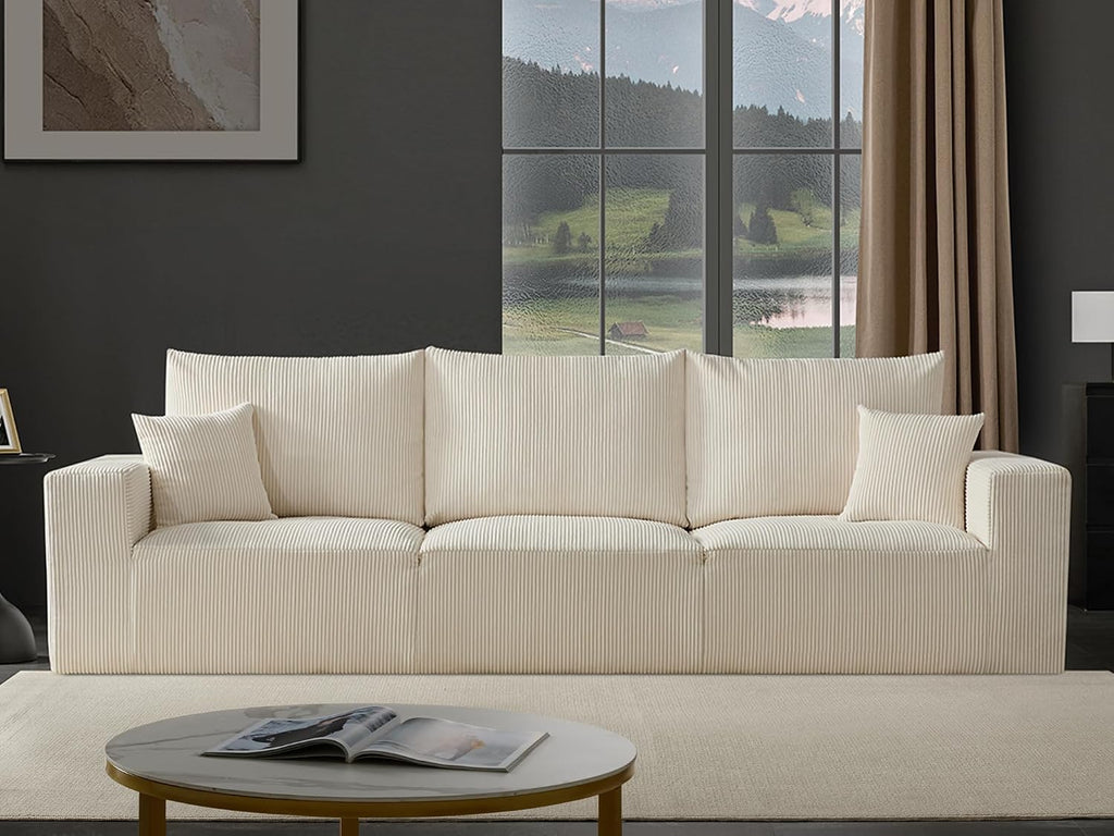 Gericco 113' Modular Sectional Couch, Cloud Boneless Sofa with Deep Seats, Upholstered Corduroy Sleeper Sofa Bed with 3-Seater for Living Room, No Assembly Required, Beige