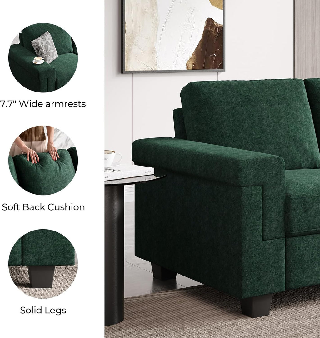 COPIAE 3 Seater Sofa Couch with Deep Seat, 90' Modern Upholstered Sofa with Armrests, Easy Installation, Comfy Couches for Living Room, Apartment, Green